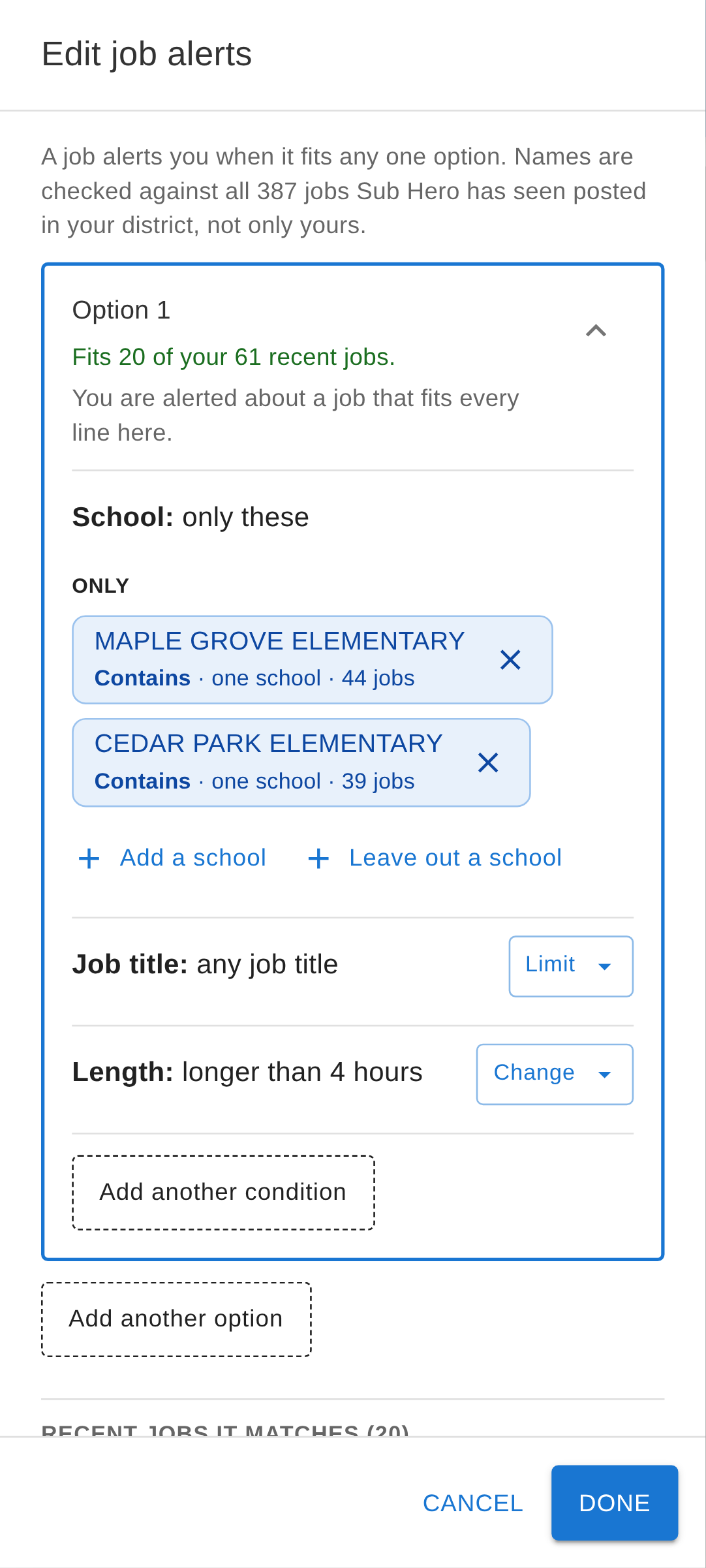 Sub Hero filter editor: each line says what it does, with schools picked from the district's list