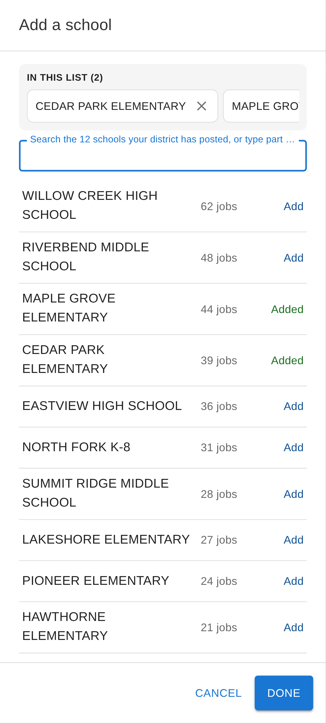 Picking schools from the list a district has posted, with how many recently seen jobs each had
